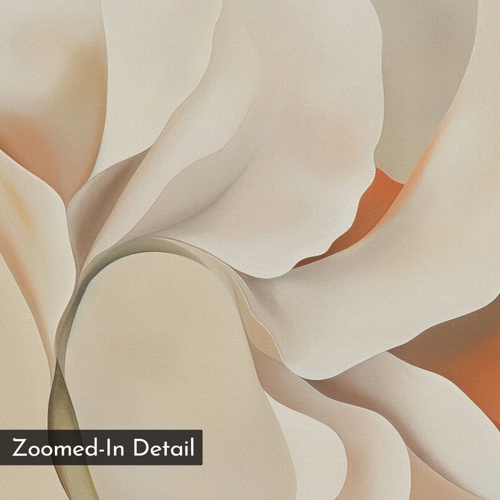 Delicate Bloom Abstract Canvas Art features soft, layered shapes in cream, beige, tan, and gentle orange. Perfect minimalist wall art, it adds organic elegance to any living room. A "Zoomed-In Detail" label appears in the corner.