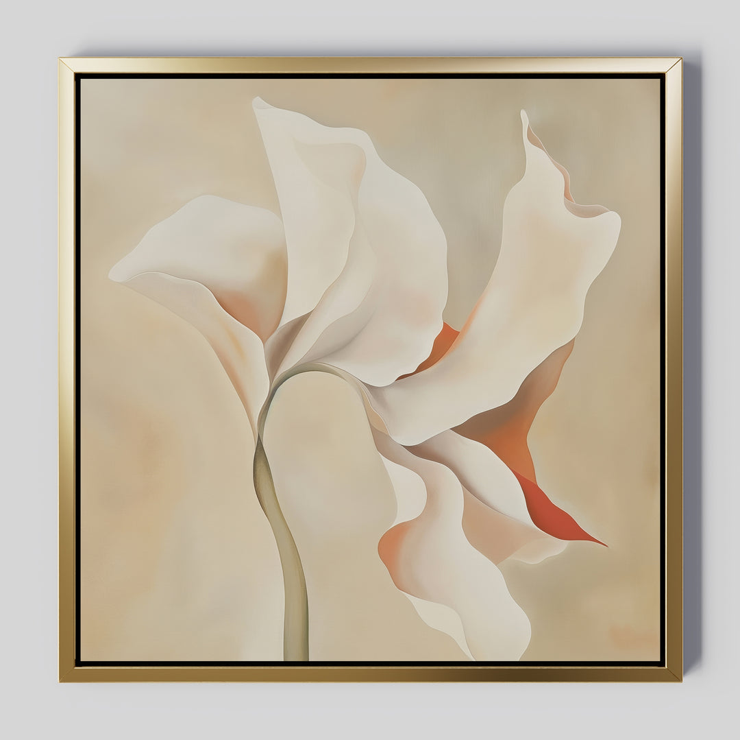 Delicate Bloom Abstract Canvas Art features a framed painting of a white flower with soft petals in beige and light orange tones on a neutral background—ideal minimalist wall art for bedroom or living room decor.