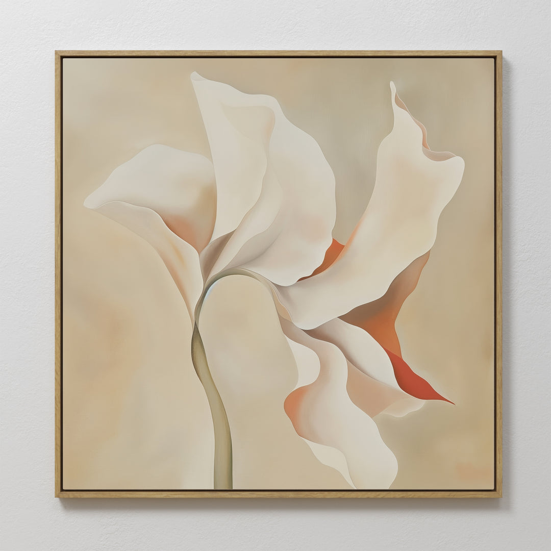 Delicate Bloom Abstract Canvas Art features a minimalist single flower with cream, beige, and soft orange petals on a light background in a thin wooden frame—perfect modern wall art to elevate any living room decor.
