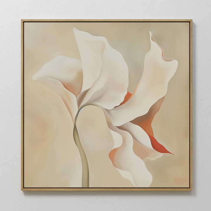 Delicate Bloom Abstract Canvas Art features a minimalist single flower with cream, beige, and soft orange petals on a light background in a thin wooden frame—perfect modern wall art to elevate any living room decor.