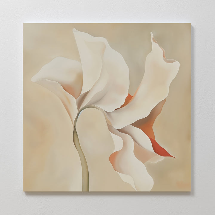 Delicate Bloom Abstract Canvas Art features a single abstract flower with soft cream and beige petals, accented with orange on a light neutral background—an ideal touch of modern elegance for your living room decor.