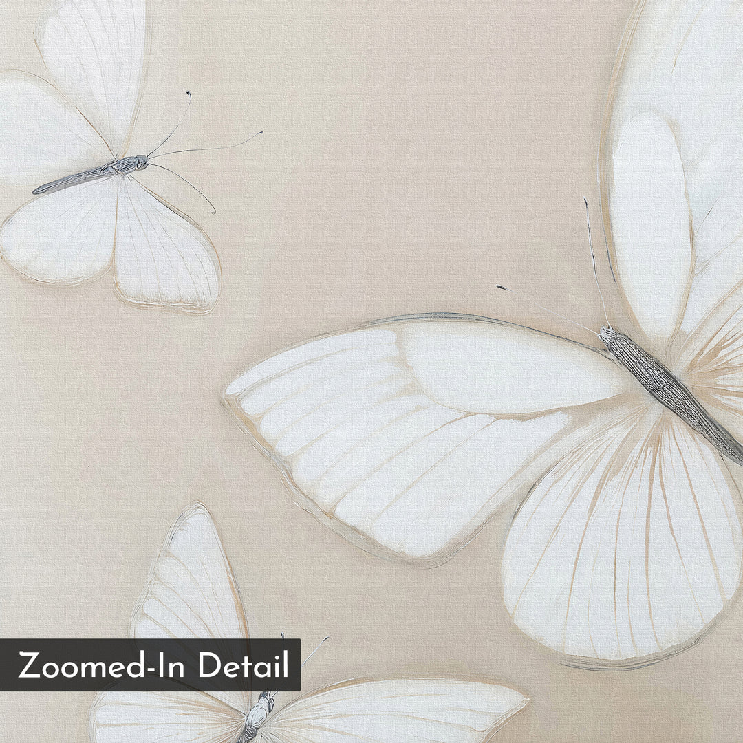 A close-up view of three white butterflies with delicate wings on a soft beige backdrop, perfect as butterfly wall art. Features a Zoomed-In Detail label. Product: Delicate Whites Canvas Art.