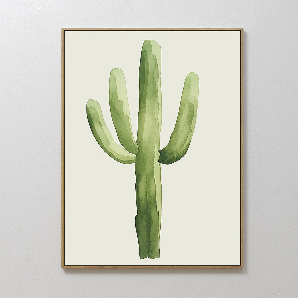 Desert Cactus Canvas Art features a framed watercolor print with three main arms on a light background, displayed on a white wall—ideal minimalist decor to add botanical wall art charm to any room.