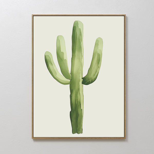 Desert Cactus Canvas Art features a framed watercolor print with three main arms on a light background, displayed on a white wall—ideal minimalist decor to add botanical wall art charm to any room.