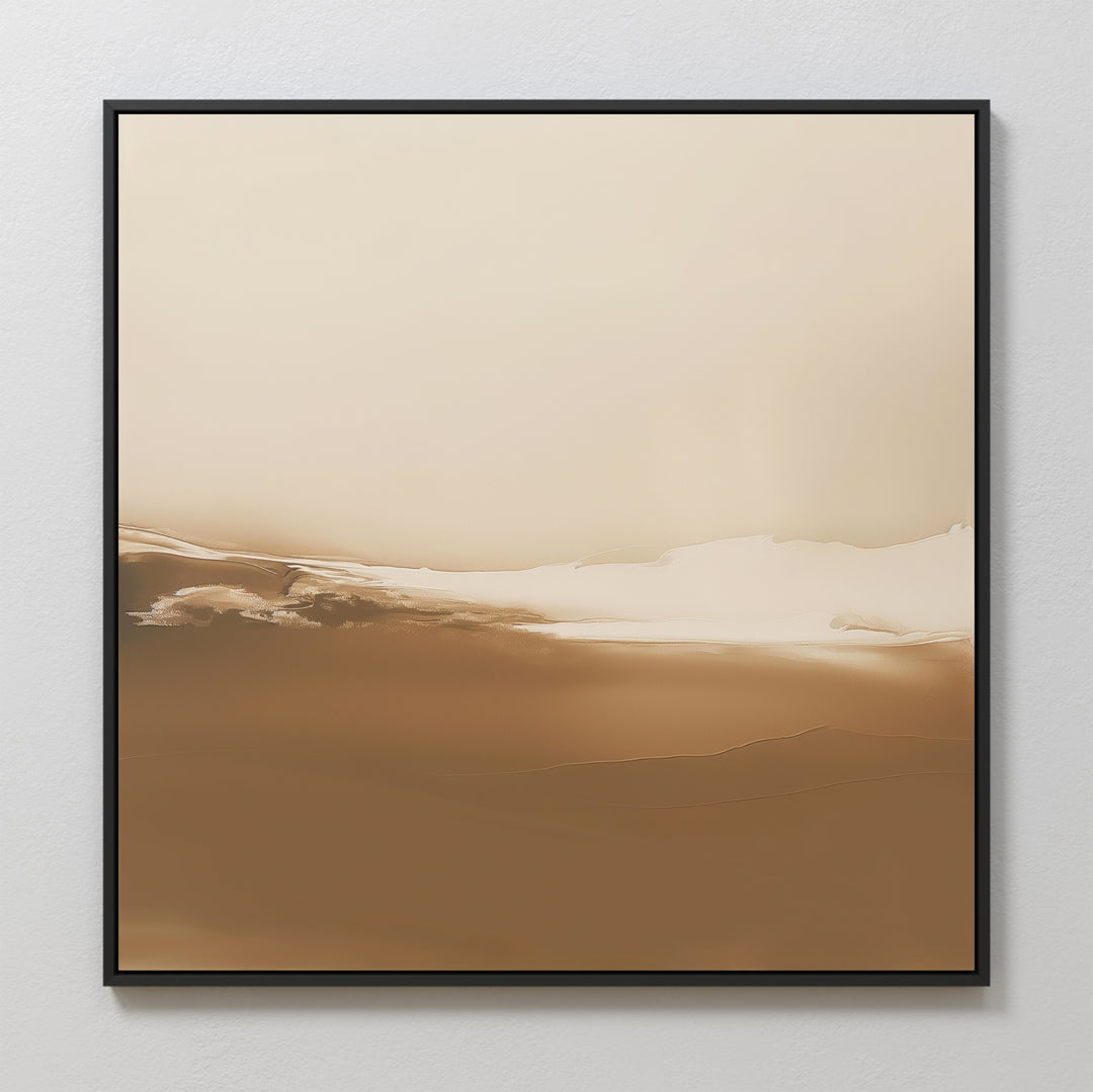 Desert Dusk Abstract Canvas Art features smooth, flowing lines in neutral beige and brown tones, evoking a tranquil desert landscape. Framed in black and displayed on a white wall, its the perfect minimalist art piece for any space.
