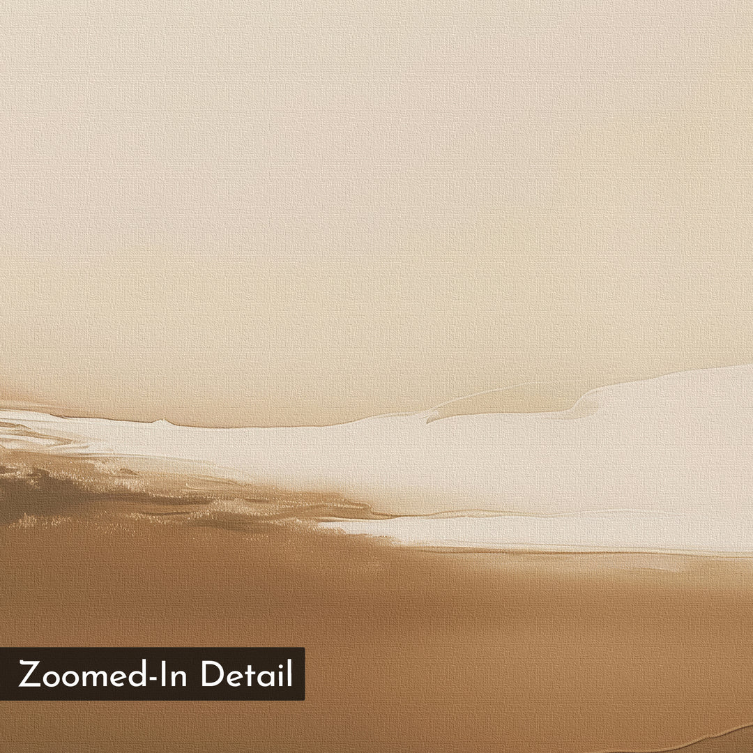 Desert Dusk Abstract Canvas Art features soft brown and beige tones with gentle gradients and blurred lines, evoking a tranquil desert landscape. A label in the bottom left corner reads “Zoomed-In Detail.”.
