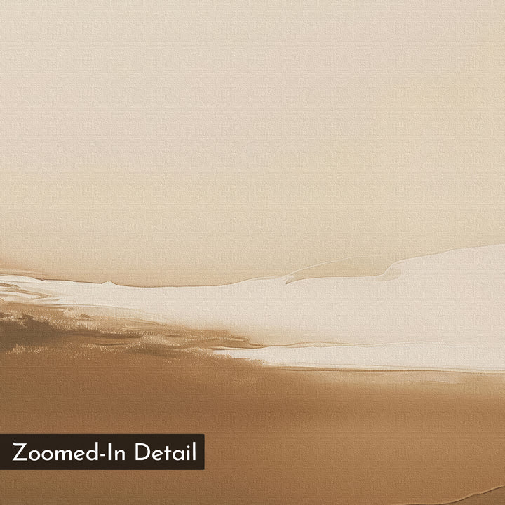 Desert Dusk Abstract Canvas Art features soft brown and beige tones with gentle gradients and blurred lines, evoking a tranquil desert landscape. A label in the bottom left corner reads “Zoomed-In Detail.”.