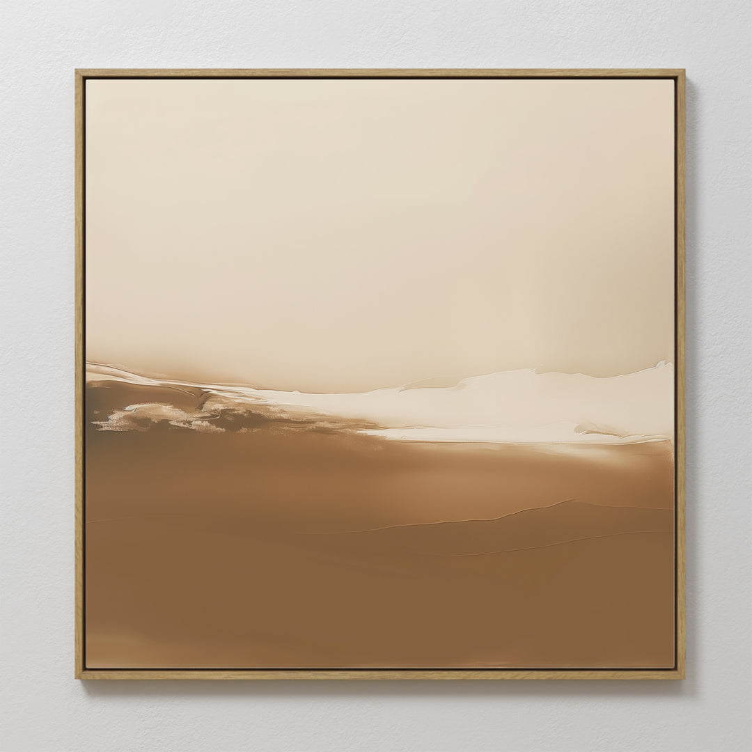 Desert Dusk Abstract Canvas Art features minimalist beige and brown tones with soft, blended horizontal layers reminiscent of a tranquil desert, framed in slim wood and displayed on a white wall.