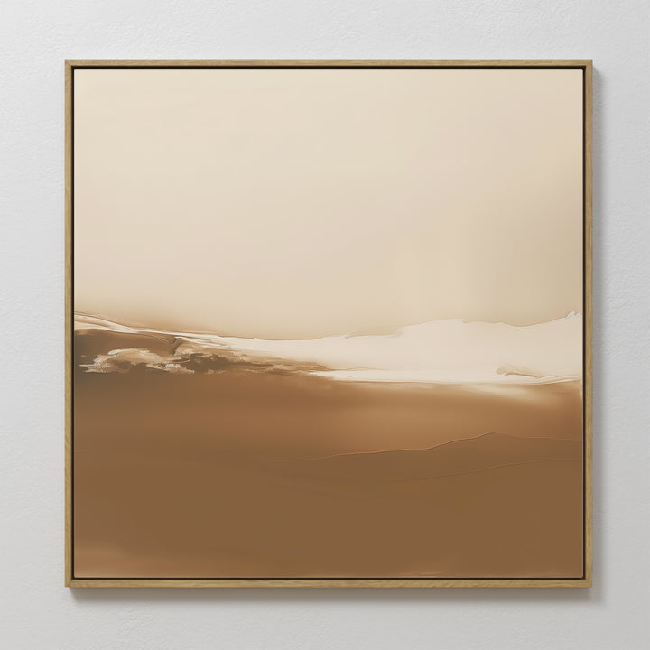 Desert Dusk Abstract Canvas Art features minimalist beige and brown tones with soft, blended horizontal layers reminiscent of a tranquil desert, framed in slim wood and displayed on a white wall.
