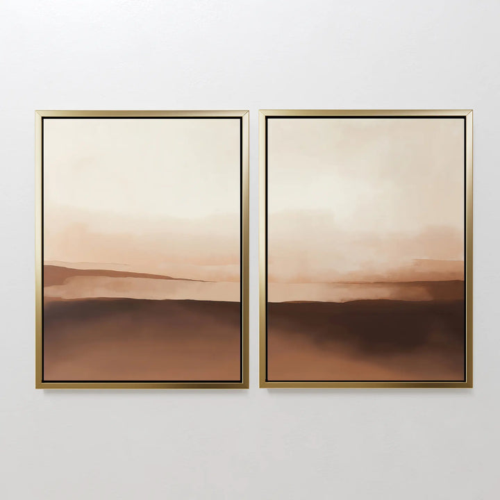 The Desert Landscape Set of 2 features framed abstract paintings in soft brown, beige, and cream tones with blended horizontal layers—perfect minimalist wall art to complement neutral interiors and add a calming desert vibe.