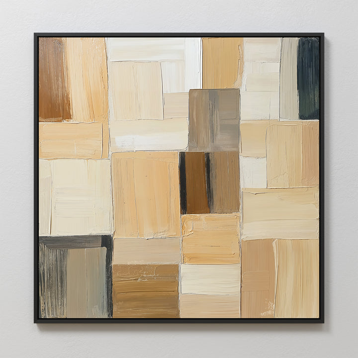 The Desert Mosaic Abstract Canvas Art features a framed geometric pattern of rectangular blocks in beige, tan, cream, brown, and black. Visible brushstrokes give it a textured patchwork look—ideal wall art for stylish living room decor.