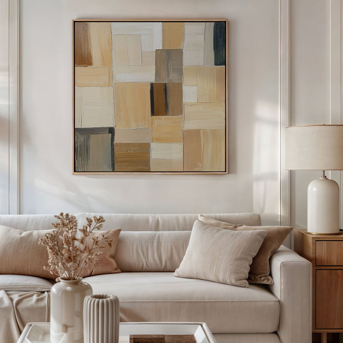 A modern living room with a beige sofa, neutral pillows, dried flowers in a vase, a table lamp, and the Desert Mosaic Abstract Canvas Art featuring tan, cream, and brown geometric patterns hanging on the wall.
