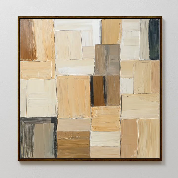 Desert Mosaic Abstract Canvas Art features bold, textured brushstrokes in a geometric pattern of overlapping beige, cream, brown, and tan rectangles—ideal for enhancing your living room decor.
