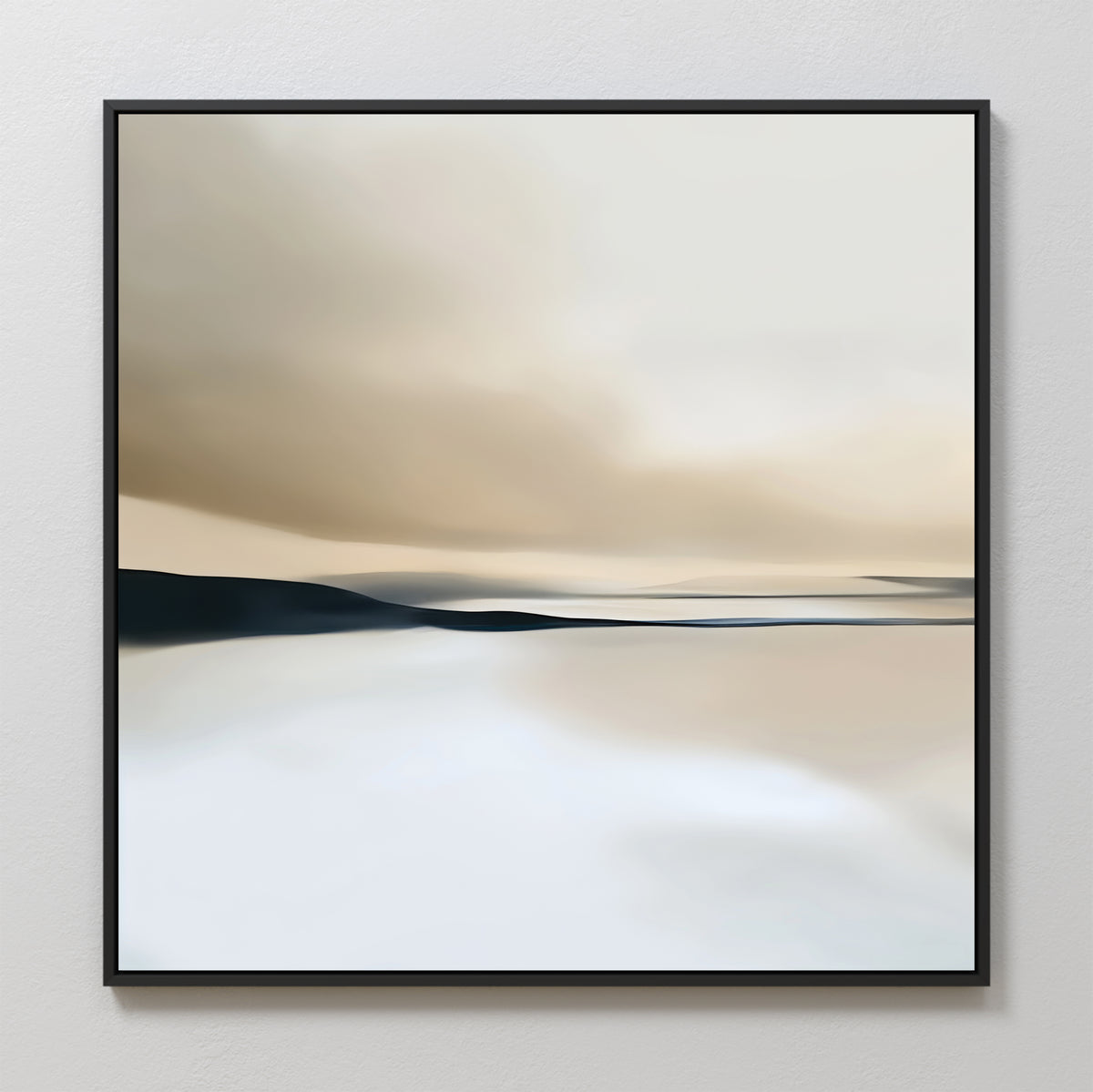 Desert Quietude Abstract Canvas Art: A minimalist wall piece in a black frame, featuring soft, blurred beige, white, and gray tones—ideal for bringing calm and abstract beauty to your living room décor.