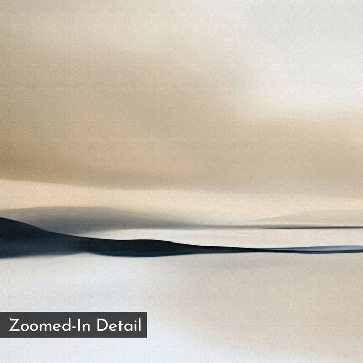 Desert Quietude Set of 2: Minimalist wall art featuring abstract landscapes in soft beige and white with smooth black and blue waves. Perfect for living room decor. Includes a "Zoomed-In Detail" label in the bottom left corner.