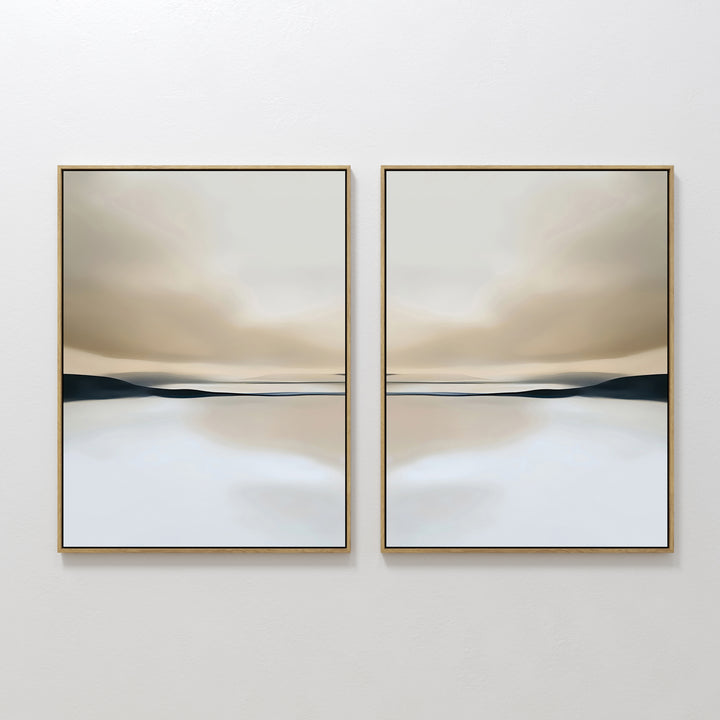 The Desert Quietude Set of 2 features abstract desert landscape prints in beige, brown, and gray with a calm sky and water. Each minimalist piece is framed in thin gold, ideal for side-by-side display as modern living room decor.
