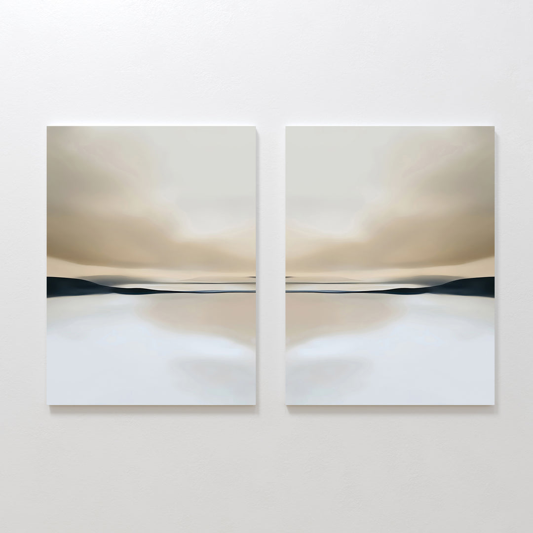 The Desert Quietude Set of 2 features abstract landscapes in soft beige, white, and gray tones, evoking a calm sky over water—perfect minimalist wall art to create serene living room decor.