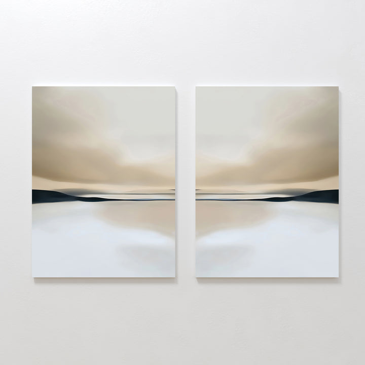The Desert Quietude Set of 2 features abstract landscapes in soft beige, white, and gray tones, evoking a calm sky over water—perfect minimalist wall art to create serene living room decor.