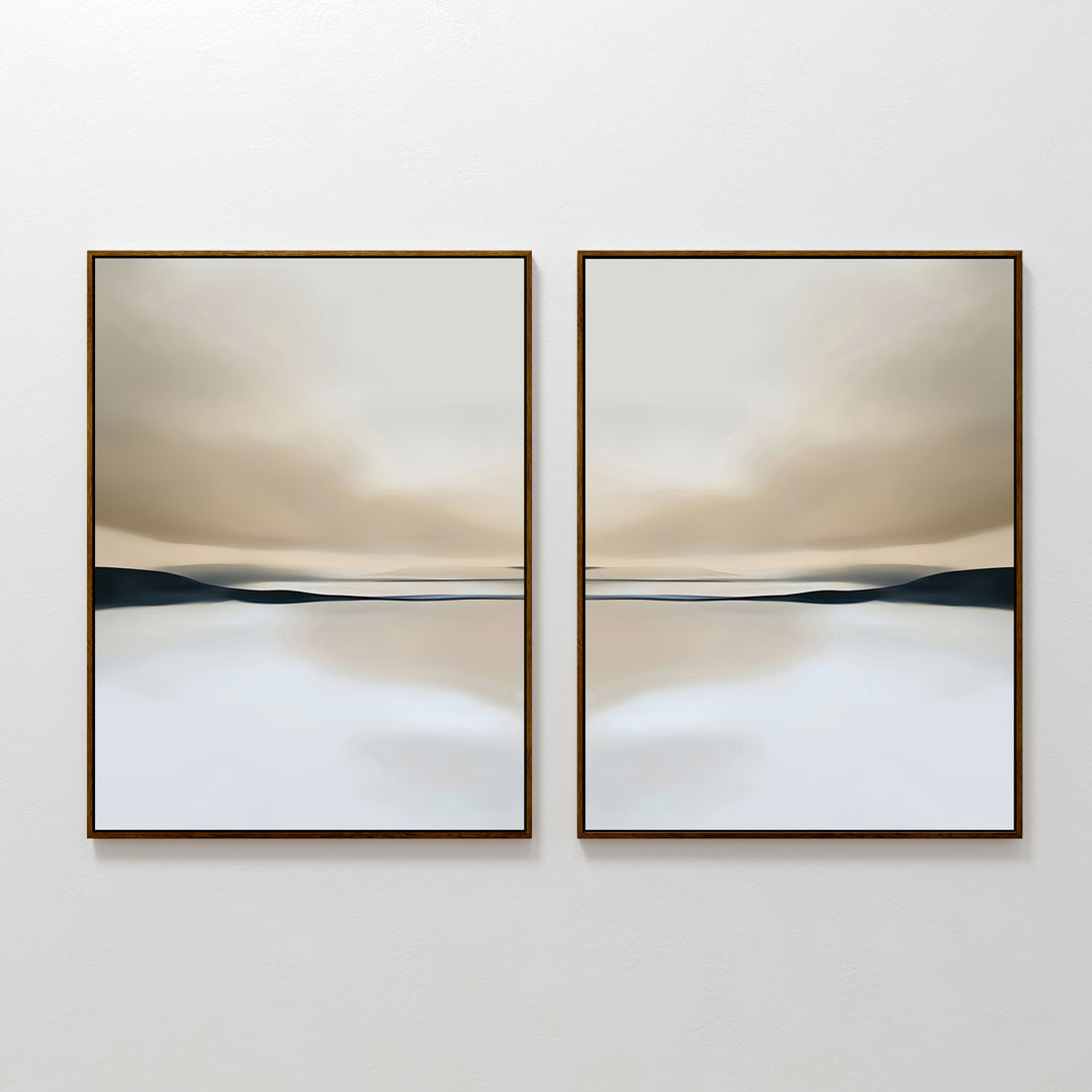 The Desert Quietude Set of 2 features minimalist framed wall art in soft beige, gray, and white tones with blurred horizons, creating a calm, serene vibe—perfect for adding tranquility to your living room decor.