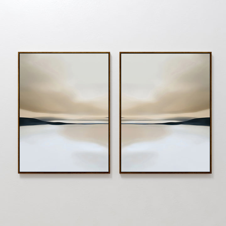 The Desert Quietude Set of 2 features minimalist framed wall art in soft beige, gray, and white tones with blurred horizons, creating a calm, serene vibe—perfect for adding tranquility to your living room decor.