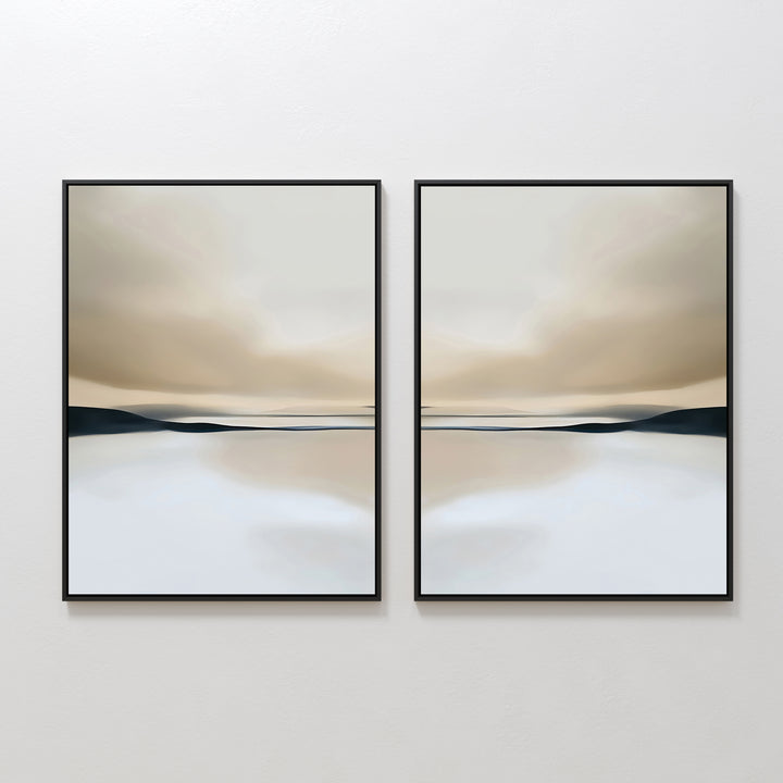 The Desert Quietude Set of 2 features framed abstract landscapes in soft beige, brown, and blue tones with blurred horizons. This minimalist wall art brings a calm, elegant touch to any living room when displayed on a white wall.