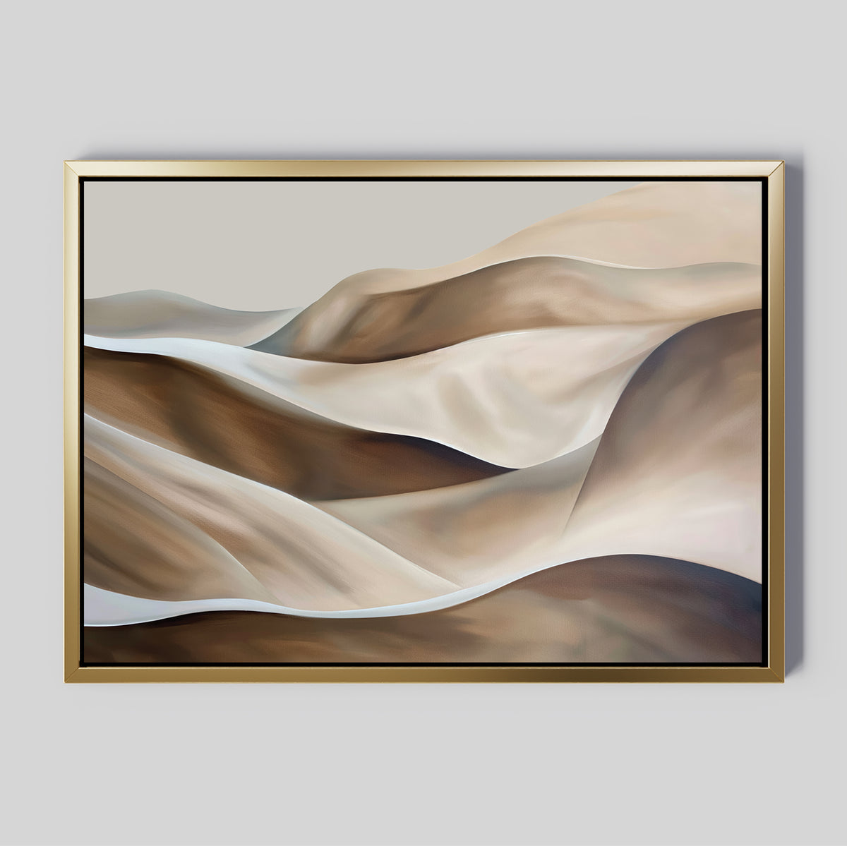Desert Waves Abstract Canvas Art features rolling hills in beige, brown, and cream with smooth lines and soft gradients. This minimalist wall art comes framed in a slim gold frame against a light gray background.