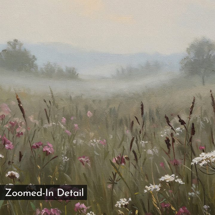 A close-up of a misty meadow with pink and white wildflowers and tall grasses fades into distant trees and hills. Labeled "Distant Fields Canvas Art," it adds minimalist charm to your wall decor.