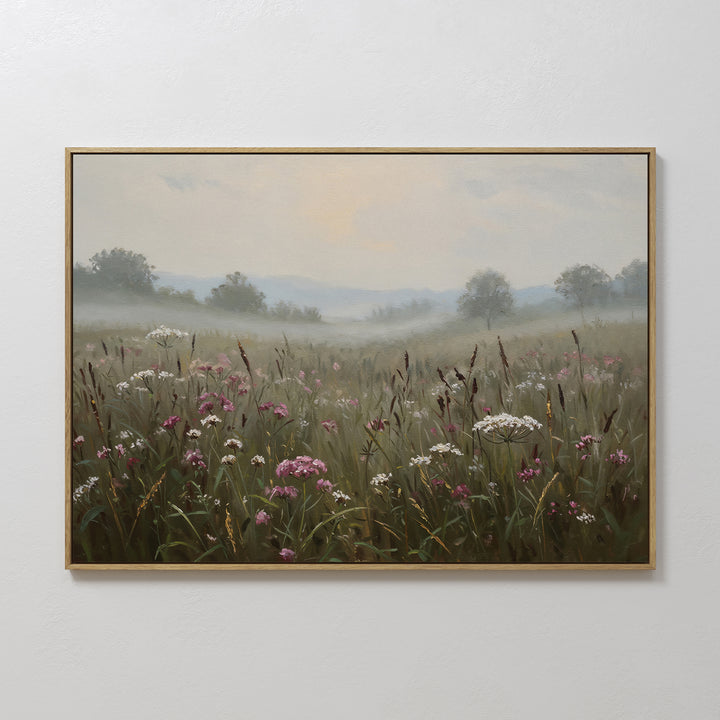 The Distant Fields Canvas Art depicts a foggy meadow with tall grasses and pink and white wildflowers, set against a misty background of distant trees and a pale sky—a tranquil, nature-inspired piece for any room.