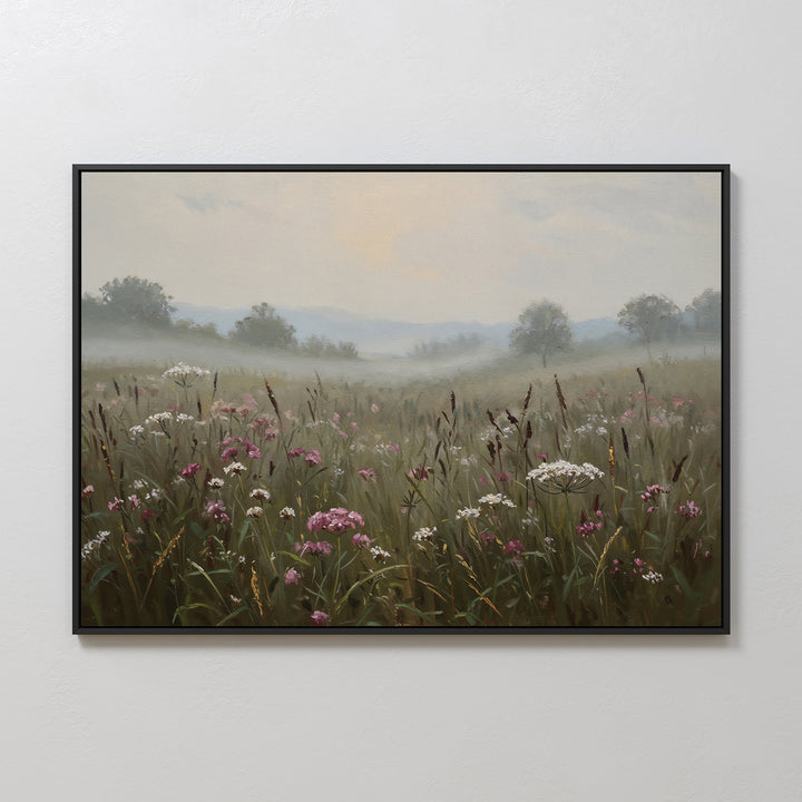 Add a tranquil touch to your space with the Distant Fields Canvas Art, a framed painting of a misty meadow with wildflowers and tall grasses in soft, muted colors beneath a pale sky and distant trees.
