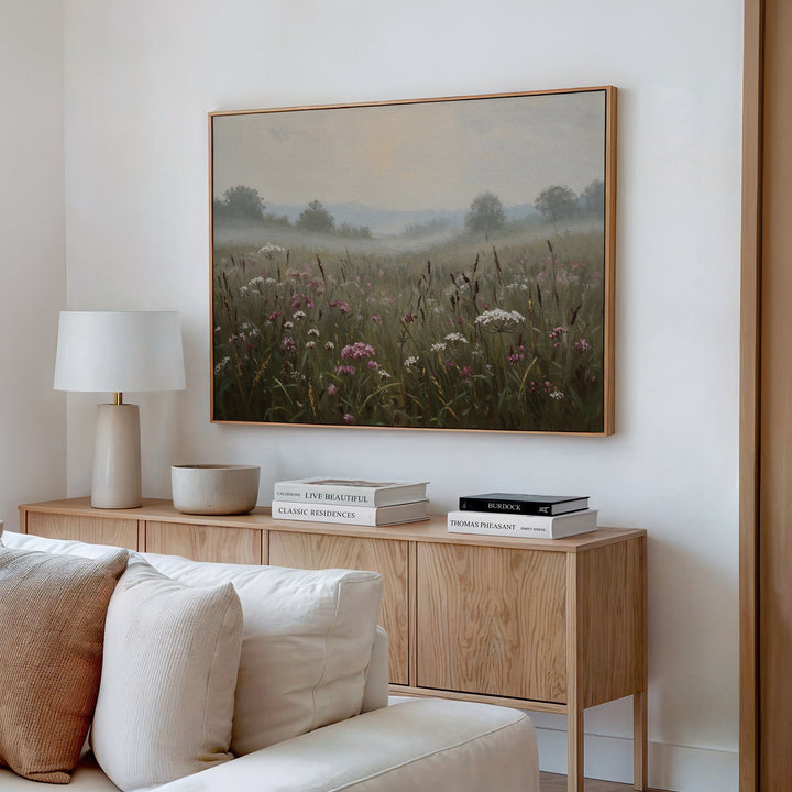 A cozy living room corner with a light wood sideboard, neutral décor, a white lamp, stacked books, a beige sofa, and the Distant Fields Canvas Art—nature-inspired wall art featuring a misty field with wildflowers and trees.