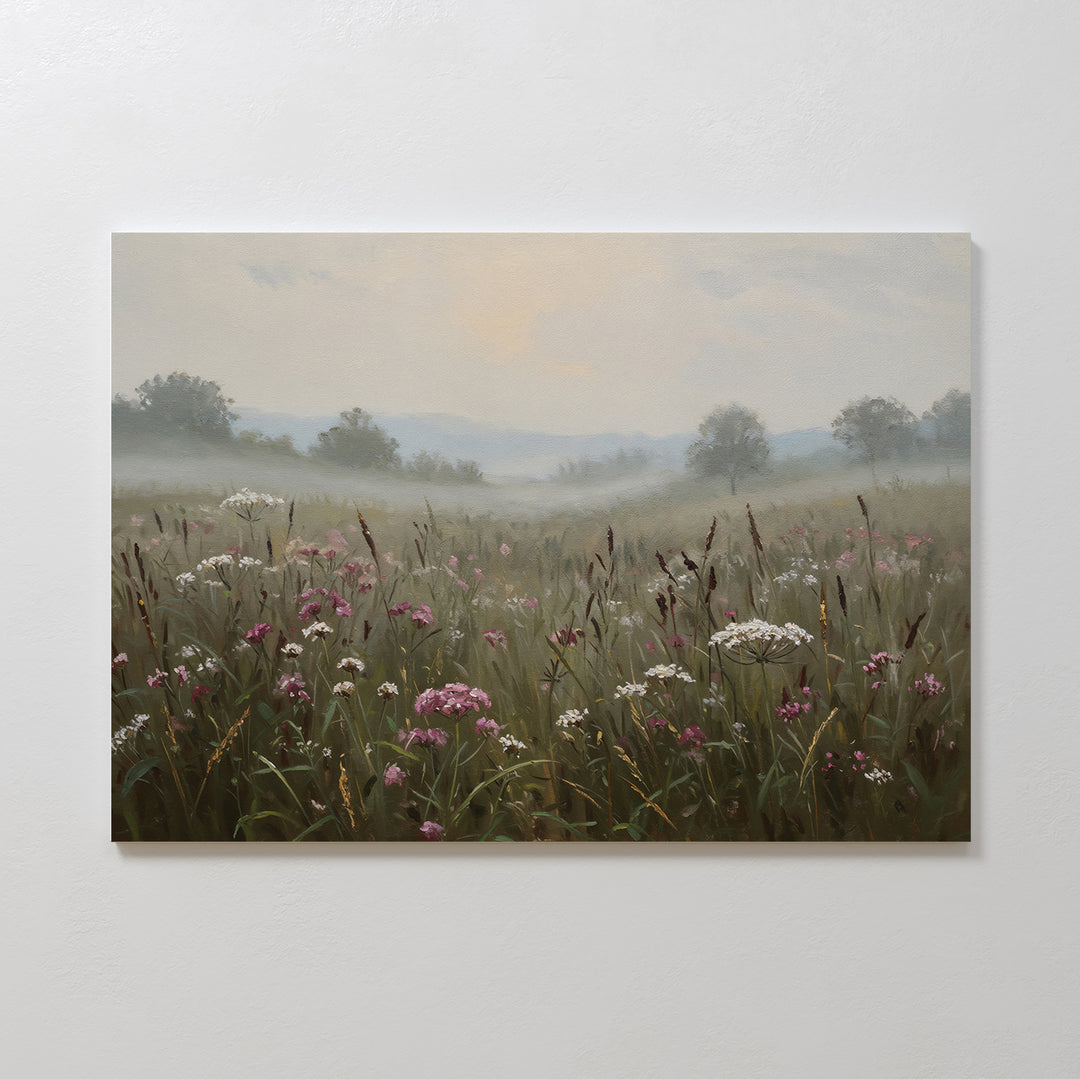 Distant Fields Canvas Art features a misty meadow with wildflowers and hazy trees, bringing a calming, nature-inspired touch—perfect as large print canvas decor for any serene space.