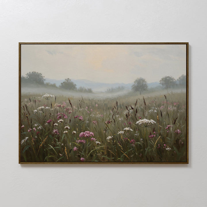 Bring natural serenity to your space with the Distant Fields Canvas Art, showcasing a misty meadow of tall grasses and pink-white wildflowers beneath a hazy sky—ideal as large print canvas décor.