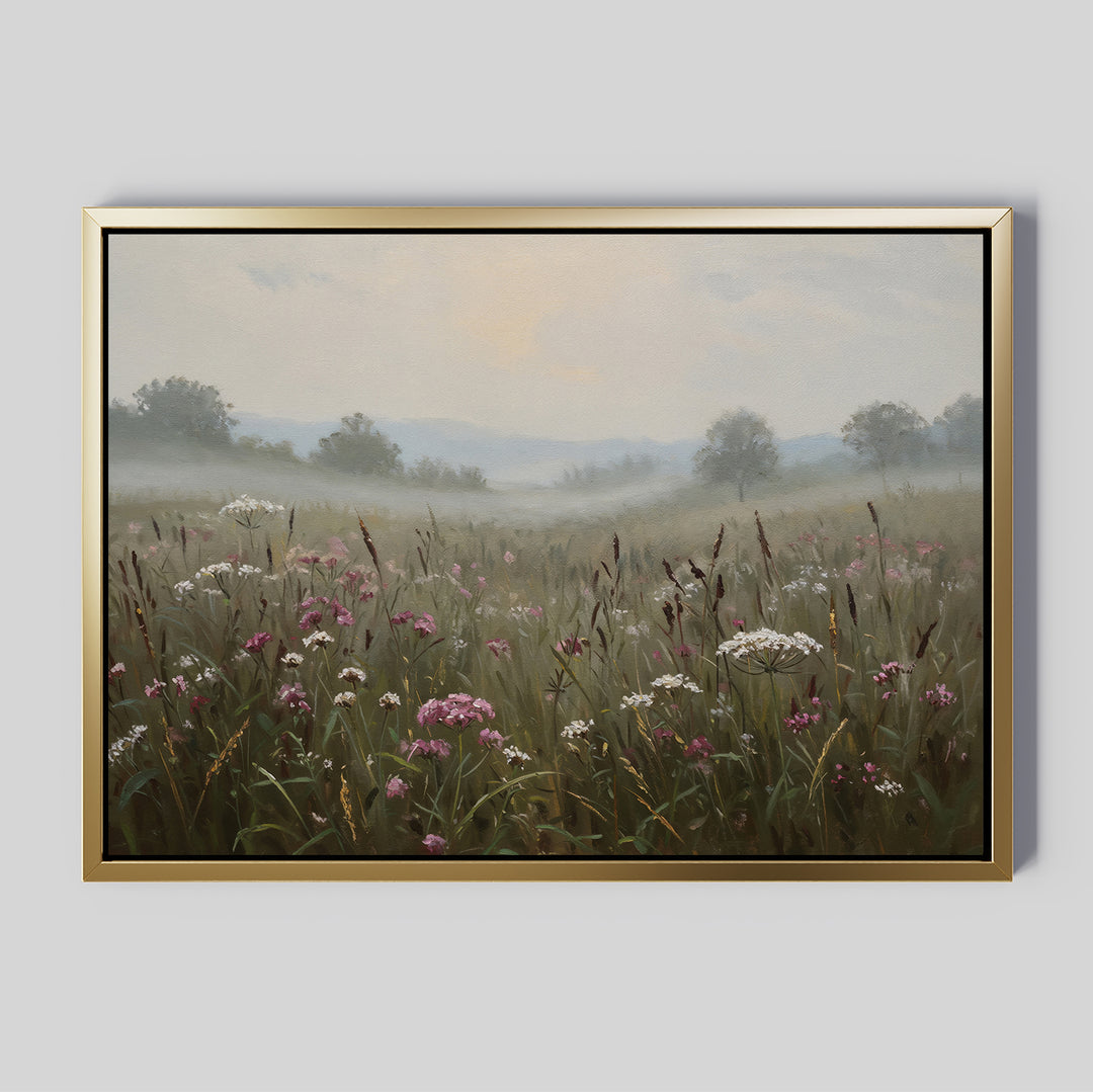 Distant Fields Canvas Art: A framed large print canvas featuring a misty meadow with pink and white wildflowers, tall grasses, and distant trees beneath an overcast sky. Nature-inspired wall art with soft hills fading into the mist.