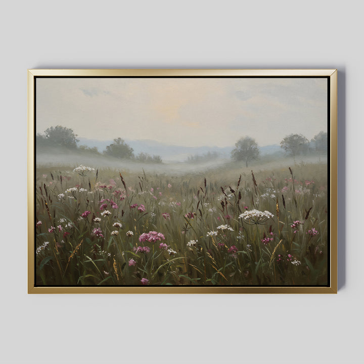 Distant Fields Canvas Art: A framed large print canvas featuring a misty meadow with pink and white wildflowers, tall grasses, and distant trees beneath an overcast sky. Nature-inspired wall art with soft hills fading into the mist.