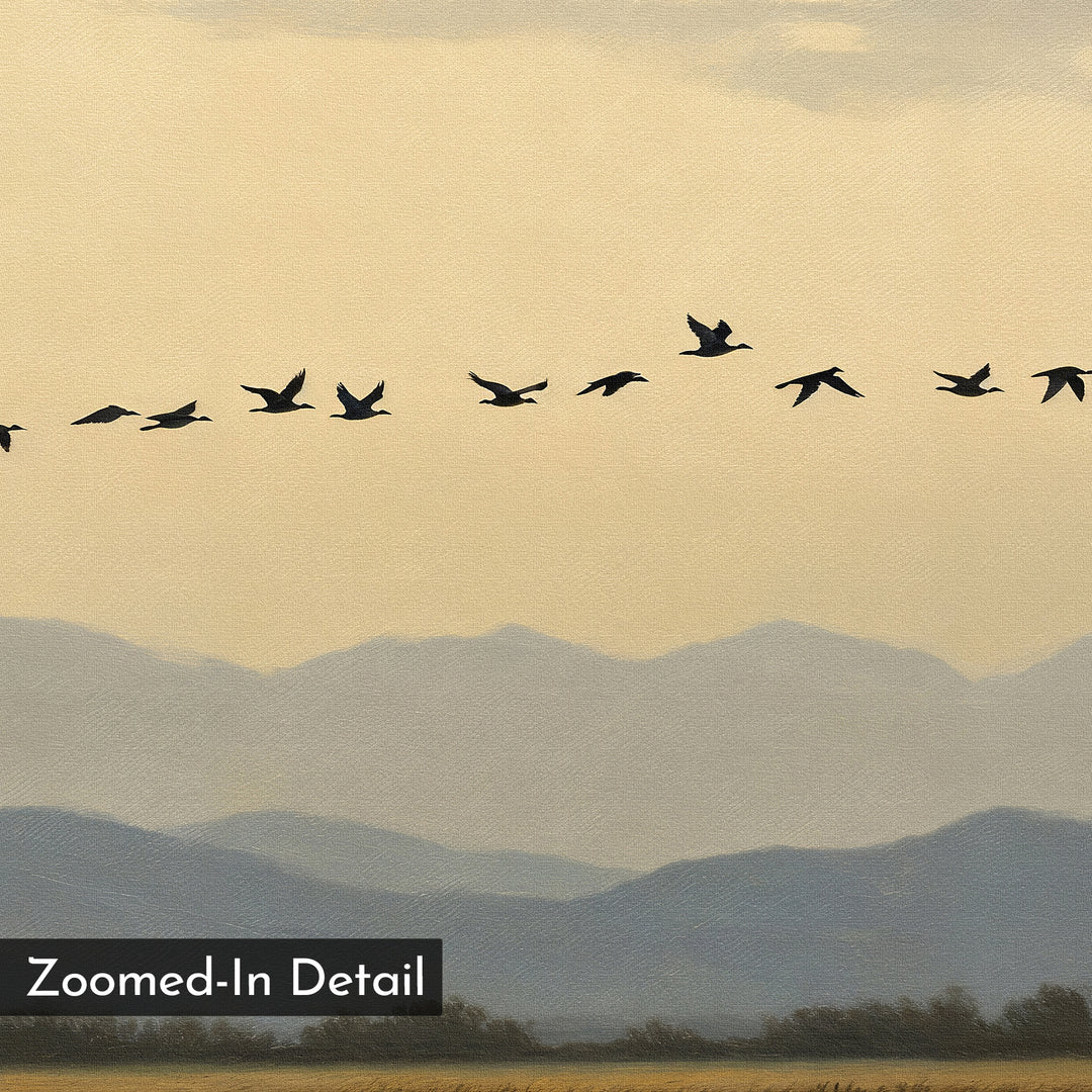 A flock of birds in formation soars above blue-gray mountains and a cloudy sky in the Distant Flight Canvas Art, featuring a “Zoomed-In Detail” label in the lower left corner.
