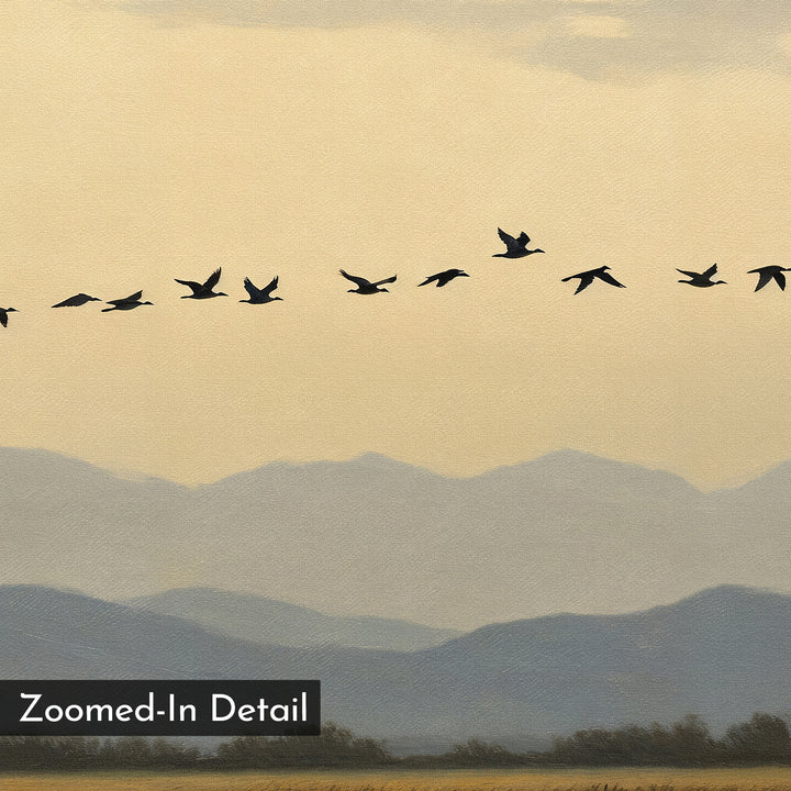 A flock of birds in formation soars above blue-gray mountains and a cloudy sky in the Distant Flight Canvas Art, featuring a “Zoomed-In Detail” label in the lower left corner.