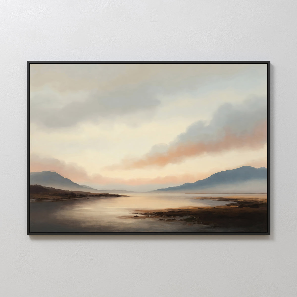 Elevate your living room with the Distant Peaks Canvas Art—a framed minimalist piece showcasing calm water, distant mountains, and a cloudy sky in soft hues—ideal for brightening light-colored walls.