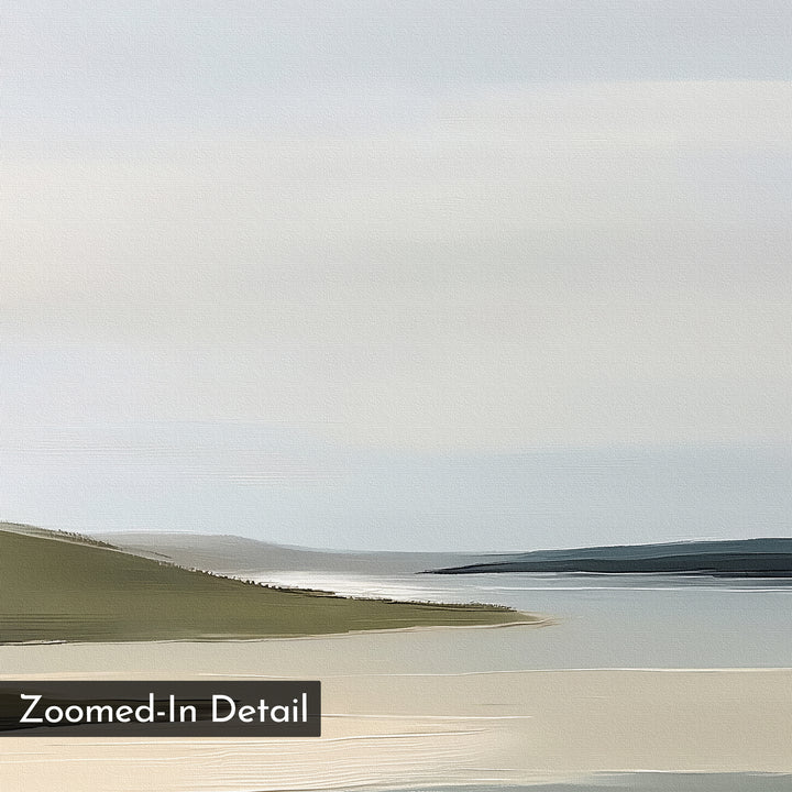 Distant Shores Canvas Art features a minimalist coastal landscape with soft blue water, sandy shores, and green hills beneath a cloudy sky. "Zoomed-In Detail" appears in the bottom left, perfect for nature-inspired decor.