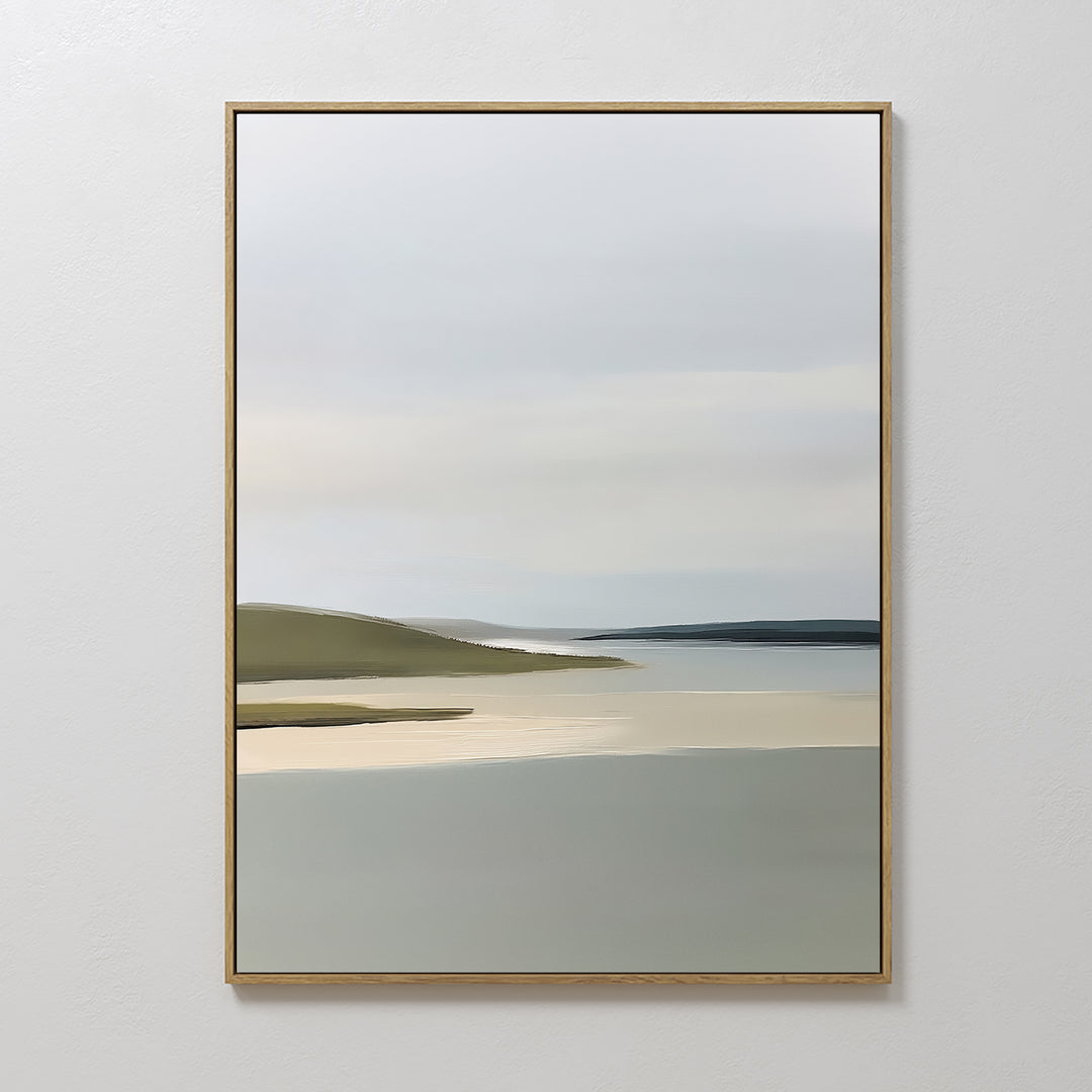 Distant Shores Canvas Art features a calm, muted landscape of soft hills and water beneath an overcast sky. With gentle green, blue, and beige tones, its perfect for sage green decor or as serene minimalist wall art.