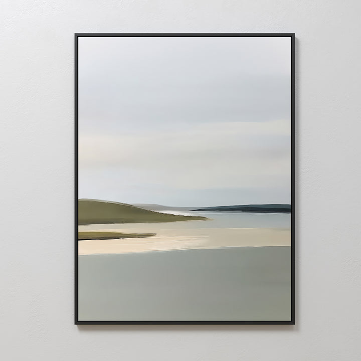 Enhance your space with the Distant Shores Canvas Art, a minimalist wall piece featuring serene water and gentle hills in soft neutrals. Ideal for sage green or nature-themed decor, this framed artwork adds tranquility to any white wall.