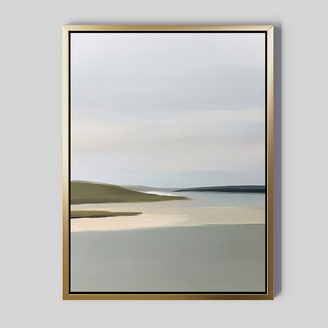 The Distant Shores Canvas Art features a serene landscape with calm water, gentle hills, and a soft, cloudy sky in muted pastels, all set in a gold frame—ideal minimalist wall decor for nature-inspired interiors.