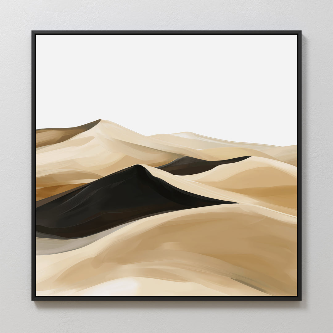Dune Waves Abstract Canvas Art showcases minimalist desert dunes in beige and brown against a white sky, framed in black. Ideal for enhancing your living room decor with modern elegance.