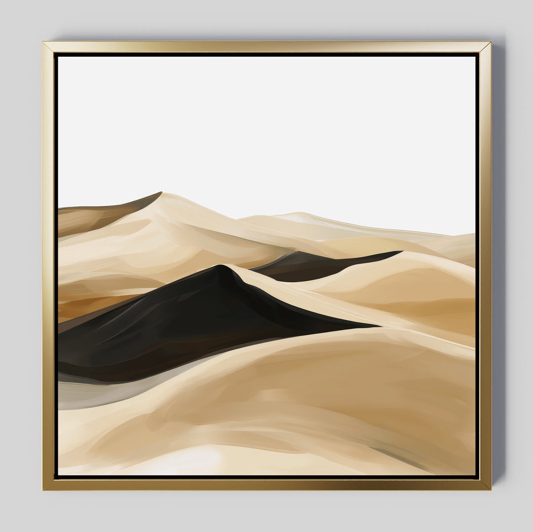 Dune Waves Abstract Canvas Art features minimalist sand dunes in beige, tan, and black with smooth flowing lines—perfect desert landscape wall art to elevate any modern living room decor.