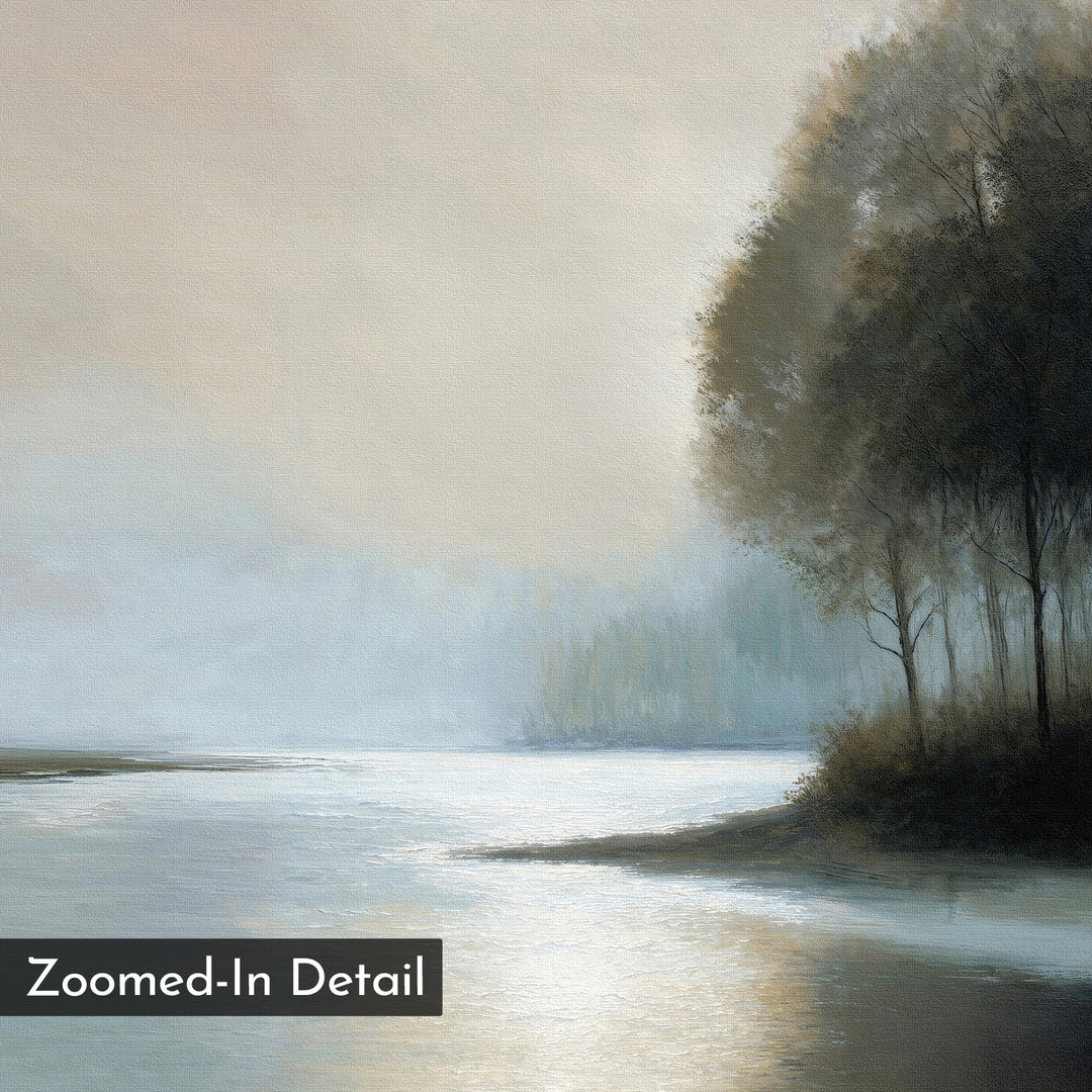 Dusklake Canvas Art features a serene, misty lakeside with sunlight on water, tall trees right, and a soft sky. This painterly piece suits calming living room or minimalist decor. "Zoomed-In Detail" is labeled at the lower left.