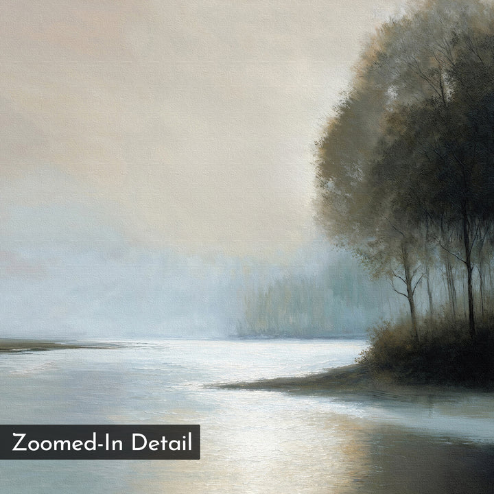 Dusklake Canvas Art features a serene, misty lakeside with sunlight on water, tall trees right, and a soft sky. This painterly piece suits calming living room or minimalist decor. "Zoomed-In Detail" is labeled at the lower left.