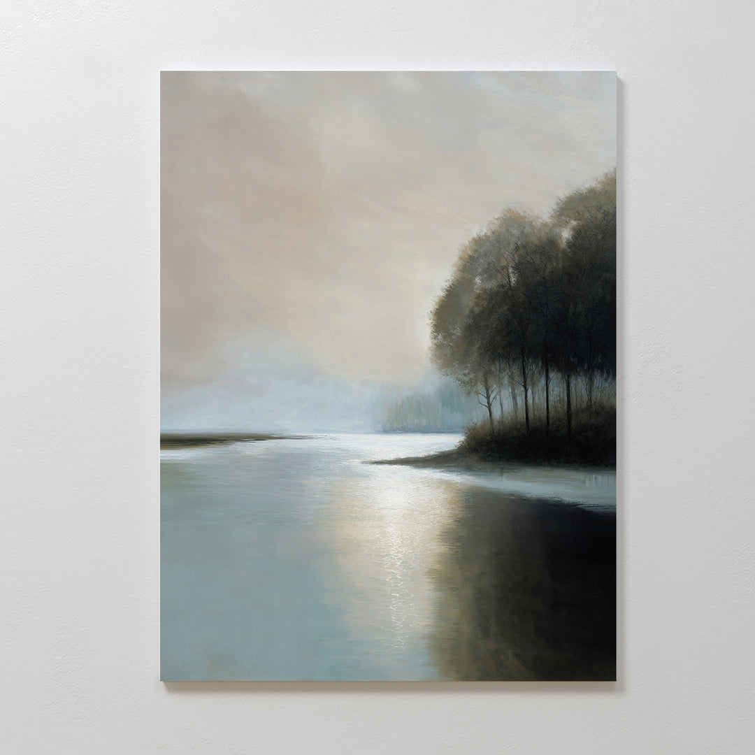Dusklake Canvas Art features a serene landscape with a reflective lake and trees, gentle sunlight on a misty sky, and calm reflections—perfect as calming decor for your living room.