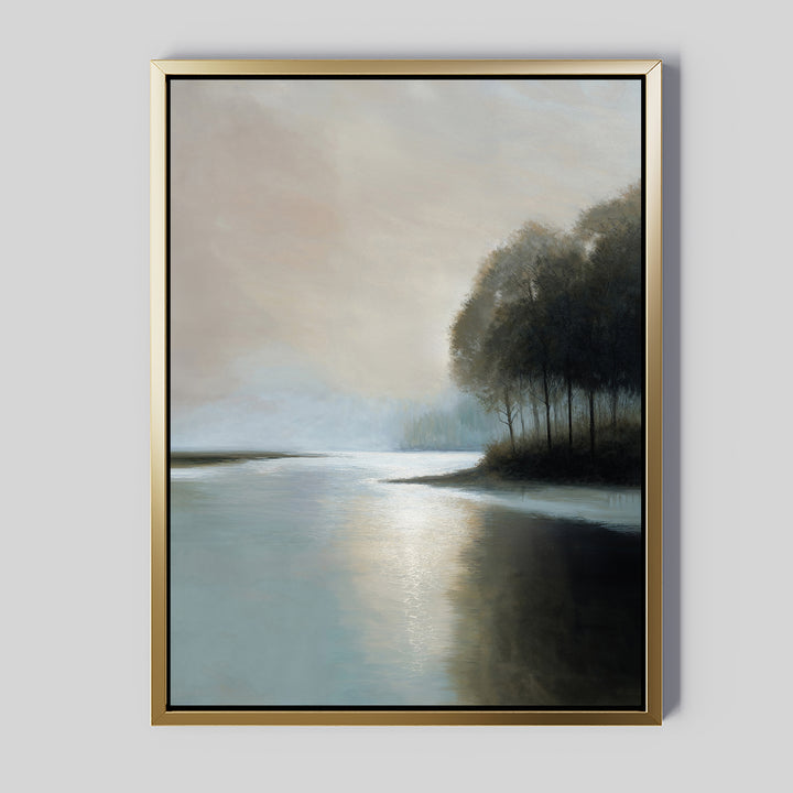 Dusklake Canvas Art features a serene lakeside at sunrise or sunset, with silhouetted trees and gentle light on still water—ideal minimalist wall decor to bring a peaceful, calming vibe to your living room.