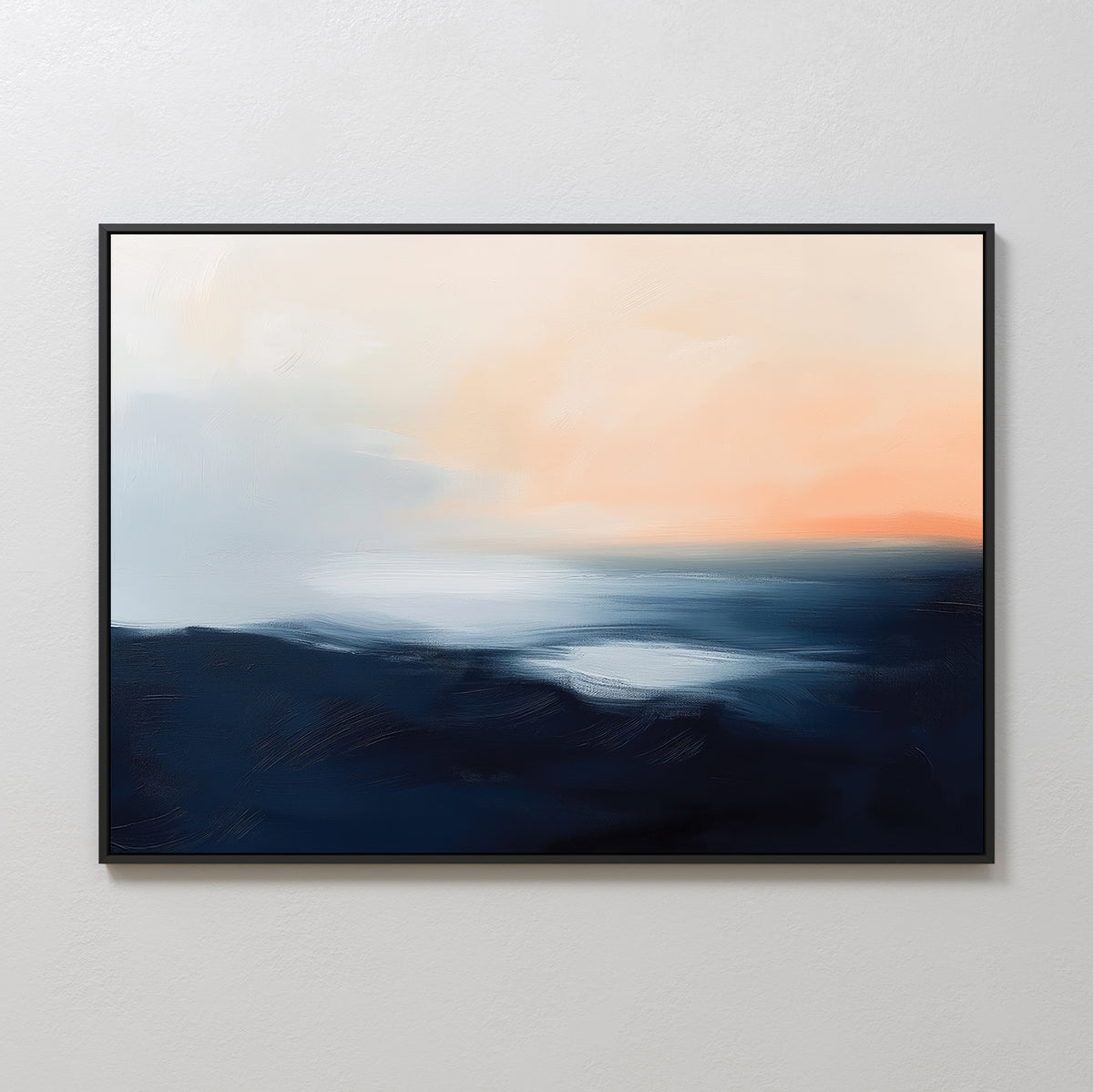 The Dusk Ridge Canvas Art with a black frame features dark blue and black tones blending into light blue, white, and warm peach—perfect tranquil wall art for adding serenity to your bedroom decor.