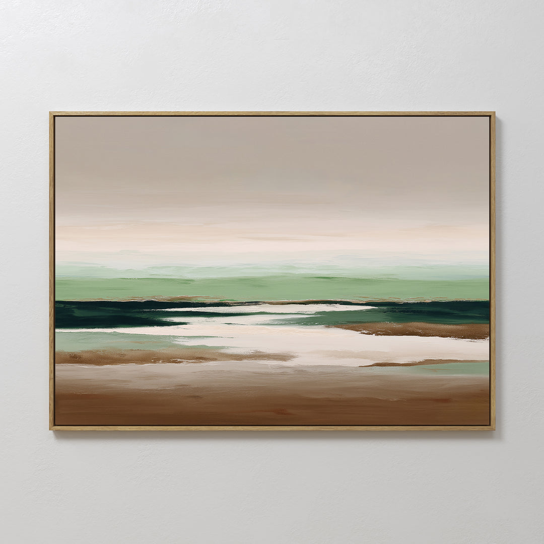 The Earthbound Horizon Canvas Art features soft earth tones in a serene landscape—brown foreground, green middle ground, and pale sky—making it the perfect minimalist wall art with seamless horizontal brushstrokes.