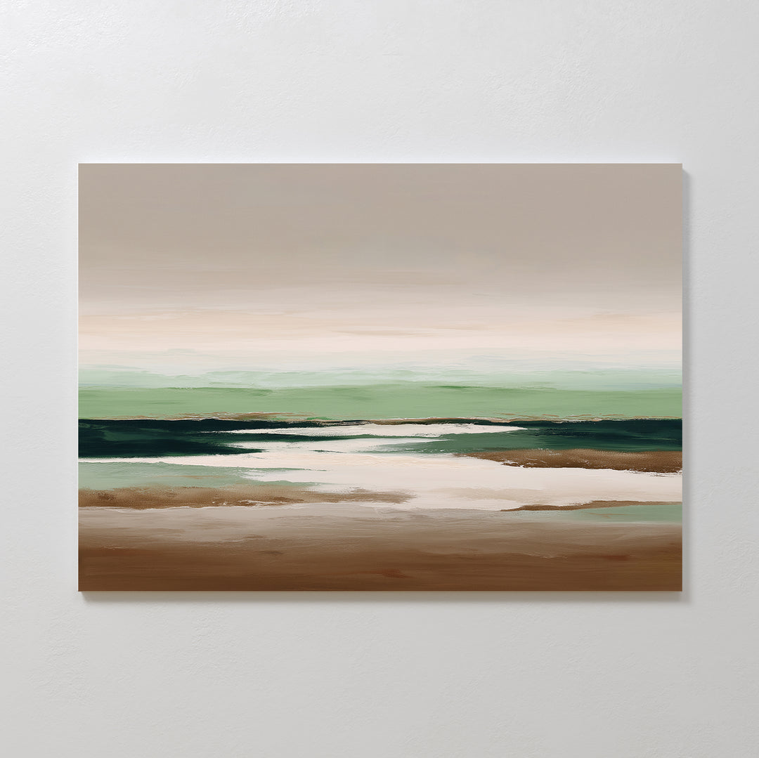 Earthbound Horizon Canvas Art is a minimalist abstract painting of a calm seascape with brown sand, reflective water, dark green waves, and a pale sky in soft beige, green, and blue—perfect as calming large wall decor.
